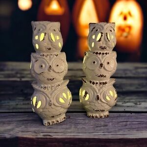 SET of 2 ceramic owl towers, battery operated LED lights, cute Fall decor, EUC